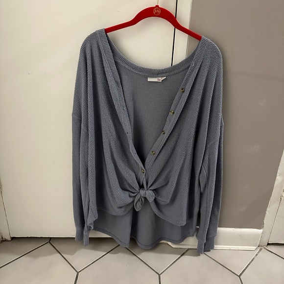 Sweaters - Dusty blue button up sweater - shorter in front, longer in back, knot in front